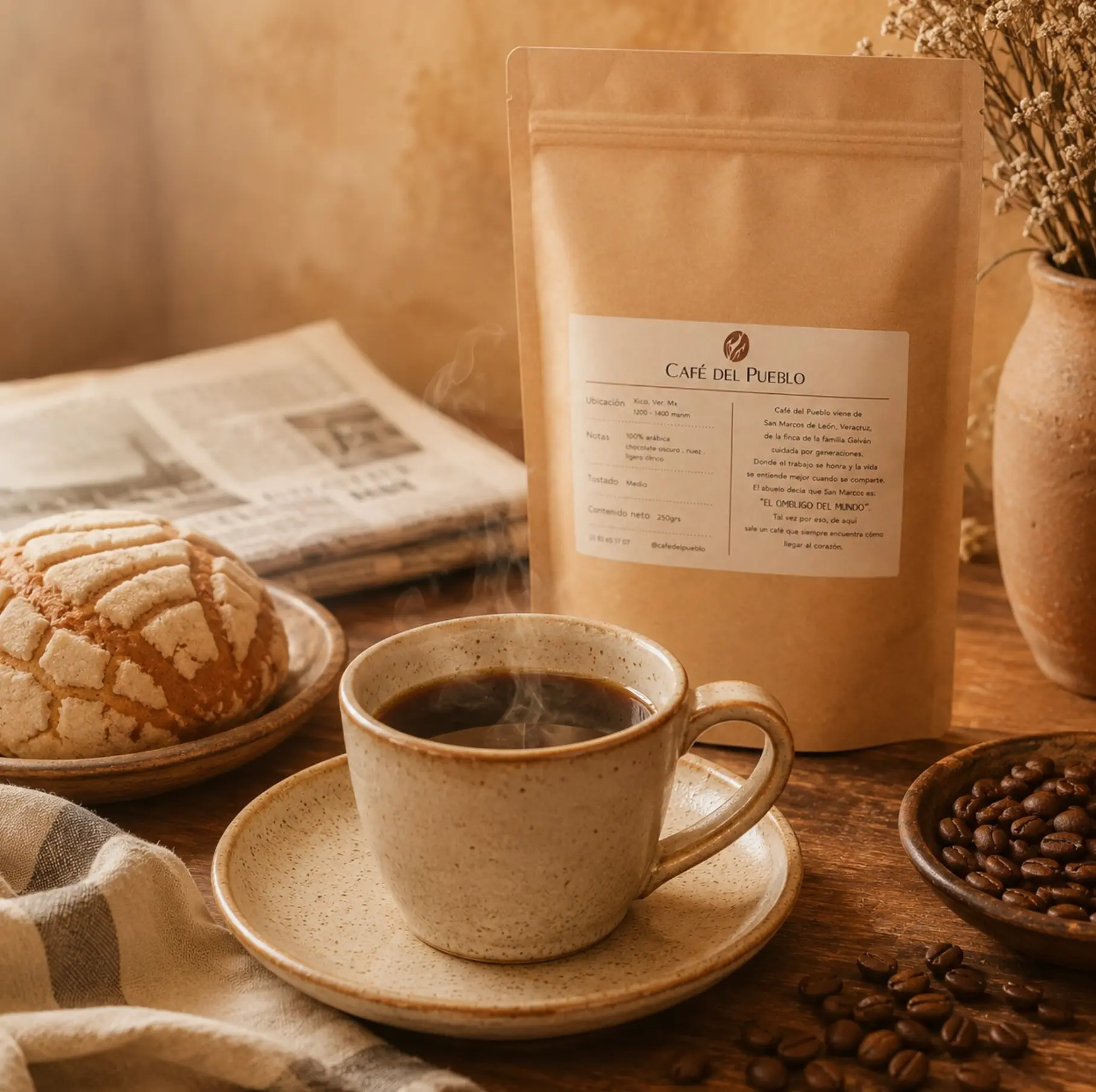 Bolsa de Café del Pueblo junto a una taza de café